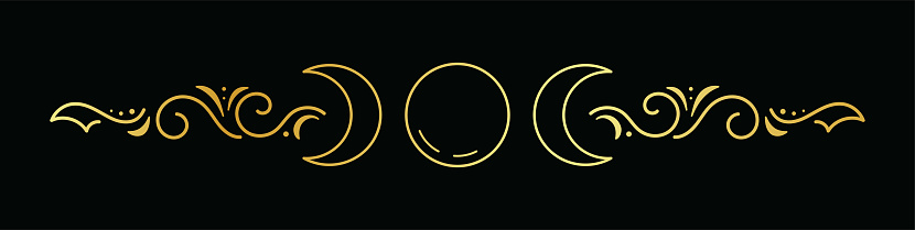 Abstract golden long ornament with moon, curls and dots on a black background