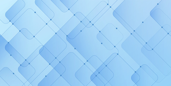 Abstract gradient blue geometric square overlapped pattern with blue connection line and dots design. Modern light blue layers cube shape with copy space. Simple and minimal style. Vector EPS10.