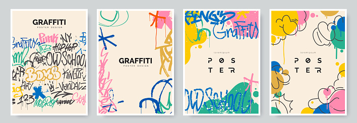 Abstract graffiti poster with colorful tags, paint splashes, scribbles and throw up pieces. Street art background collection. Artistic covers set in hand drawn graffiti style. Vector illustration