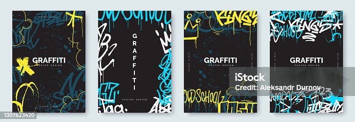 istock Abstract graffiti poster with colorful tags, paint splashes, scribbles and throw up pieces. Street art background collection. Artistic covers set in hand drawn graffiti style. Vector illustration 1307623420