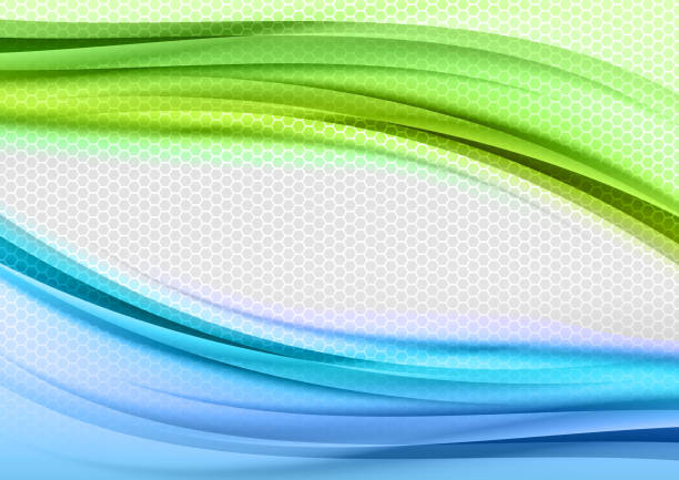 Abstract green and blue waves used as a background  Abstract green and blue background with grey hexagon. green background stock illustrations