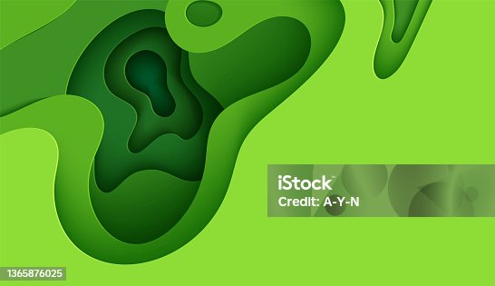 istock Abstract green background in paper cut style. 3d layout wallpaper cut out from cardboard. Modern template with abstract curve shapes. Vector environmental card with papercut waves for business poster. 1365876025