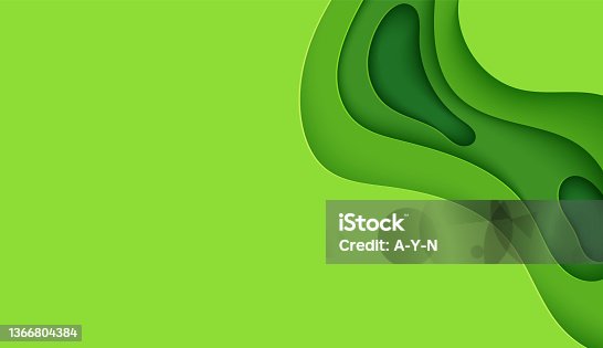 istock Abstract green background in paper cut style. 3d layout wallpaper cut out from cardboard. Modern template with abstract curve shapes. Vector environmental card with papercut waves for business poster. 1366804384