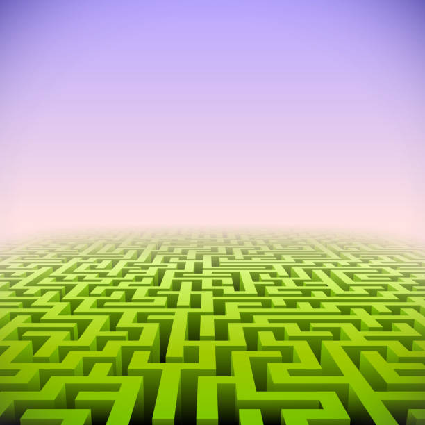 Abstract green perspective labyrinth Abstract green perspective labyrinth in pink mist maze backgrounds stock illustrations