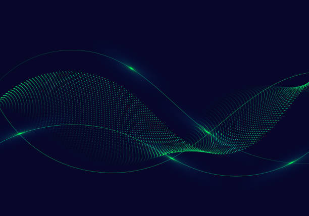 абстрактные зеленые волнистые линии с частицами точек и освещением на темно-синем фоне. - технология stock illustrations