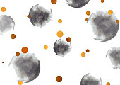 Abstract black golden grunge background with watercolor paint circles. Vector illustration