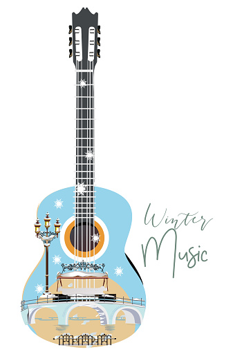 Abstract guitar decorated with snowflakes and notes.