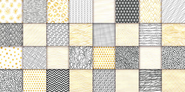 Abstract hand drawn geometric simple minimalistic seamless patterns set. Bright luxury golden background collection. Polka dot, stripes, waves, random symbols textures. Vector illustration Abstract hand drawn geometric simple minimalistic seamless patterns set. Bright luxury golden background collection. Polka dot, stripes, waves, random symbols textures. Vector illustration backgrounds drawings stock illustrations
