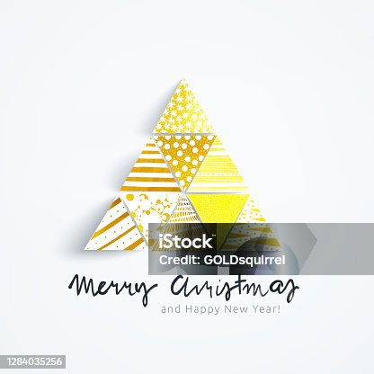 istock Abstract hand-painted Christmas tree with patterns - vector illustration with handwritten text Merry Christmas - Holiday Card with unique 3D effect in shades of gold with dots lines stars and paint traces 1284035256