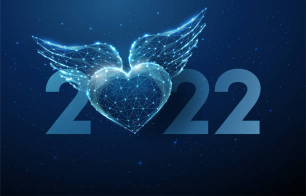 Abstract Happy 2022 New Year greeting card with flying blue heart with wings. vector art illustration