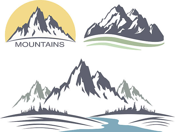 Abstract high mountain icon set Abstract high mountain icon set river silhouettes stock illustrations