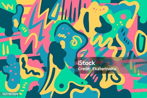istock Abstract horizontal doodle background. Cartoon funny elements, blots and lines. Fantasy sketches and strokes, dots and strange geomeric shapes. 1321161304