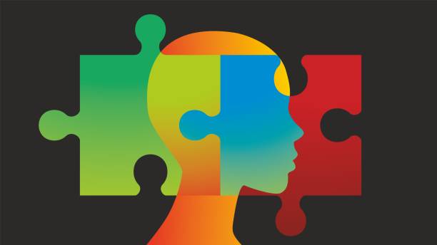 Abstract human profiles with puzzle pieces. Vector illustration. Dimension 16:9. EPS10. mental health professional stock illustrations