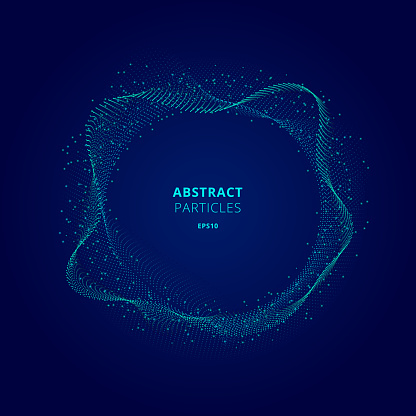 Abstract illuminated blue circle shape of particles array on dark background Technology concept. Digital explosion.