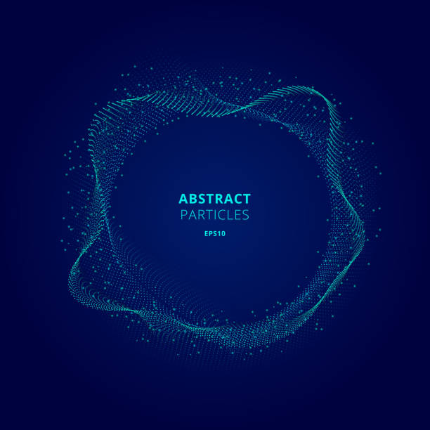 暗い背景技術の概念上の粒子配列の抽象的な照らされた青い円の形。デジタル爆発 - abstract 　円点のイラスト素材／クリップアート素材／マンガ素材／アイコン素材