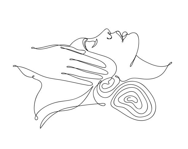 Abstract image in a linear style of a woman and a hand giving a face massage. Abstract image in a linear style of a woman and a hand giving a face massage. Vector illustration. massage stock illustrations