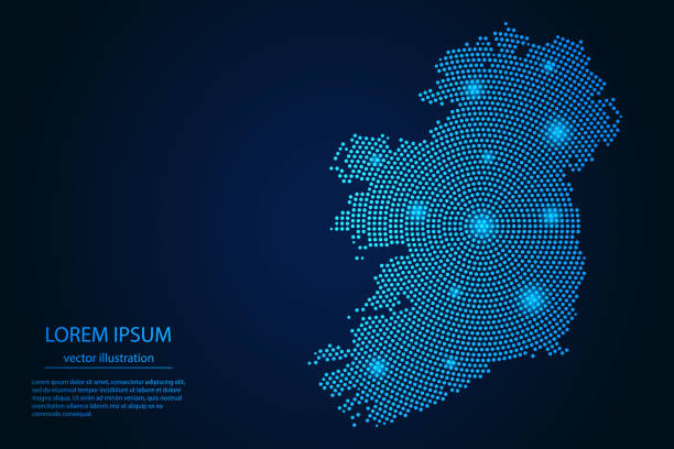 Abstract image Ireland map from point blue and glowing stars on a dark background Abstract image Ireland map from point blue and glowing stars on a dark background. vector illustration. hse ireland stock illustrations