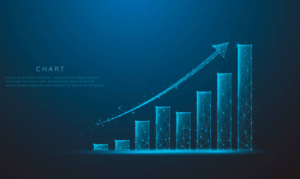 Abstract image of a growth chart in glowing blue. Low polygon, particle, and triangle style design.Wireframe light connection structure. Vector wireframe concept. vector art illustration