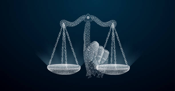 Abstract image of a Scales of justice in the form of a  wireframe on the index finger, consisting of , lines, and shapes. Vector wireframe concept. Abstract image of a Scales of justice in the form of a  wireframe on the index finger, consisting of , lines, and shapes. supreme court justices stock illustrations