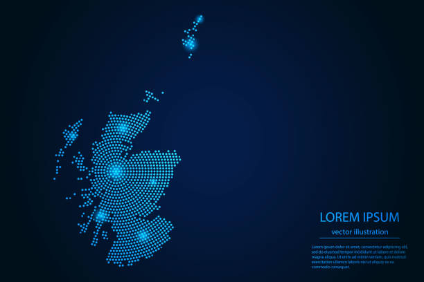 illustrazioni stock, clip art, cartoni animati e icone di tendenza di immagine astratta scozia mappa da punto stelle blu e luminose su uno sfondo scuro - scotland
