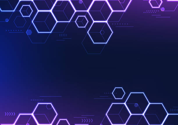 Abstract innovation technology background blue and purple neon lighting hexagon geometric pattern vector art illustration