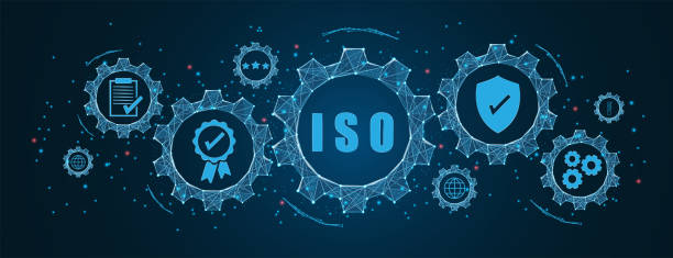 Abstract ISO standards quality control concept, assurance warranty in dark background. Cogs and gear wheel mechanisms concept. wireframe low polygonal blue mesh with dots, lines, and shapes. vector art illustration