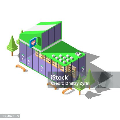 istock Abstract Isometric 3D Pharmacy Grugstore Health Building With Trees And Benches Vector Design Style Shadow 1363473159