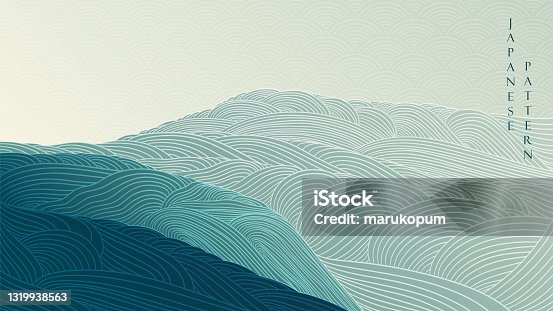 istock Abstract landscape background with Japanese wave pattern vector. Mountain forest texture banner with line art in vintage style. 1319938563