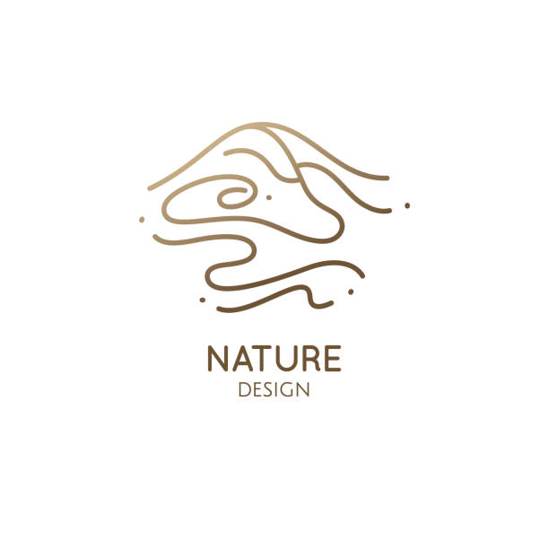 Abstract landscape logo mountain wavy lines Abstract mountain landscape logo with water. Wavy lines icon. Vector linear illustration of desert dunes. Minimal simple emblem for business, travel, tourism, ecology concept, health, massage, yoga river drawings stock illustrations