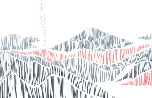 abstract landskape in japanese style minimalist lines landscape background in asian style in blue and red colours mountain designs stock illustrations