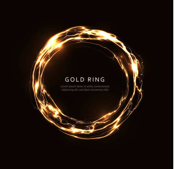 Abstract lightning ring with golden shine, glowing fantasy disc, gold magic circle, energy ball, round rotating frame template for flyer, banner and poster, isolated graphic vector illustration Abstract lightning ring with golden shine, glowing fantasy disc, gold magic circle, energy ball, round rotating frame template for flyer, banner and poster, isolated graphic vector illustration. lightning borders stock illustrations