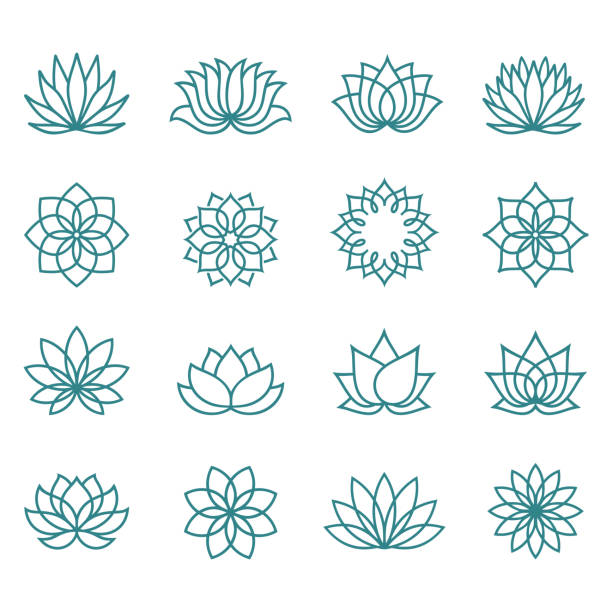 Abstract lotus flower icons Lotus line icon set on a white background. Abstract lotus flower in trendy flat style. Collection logos, icons, symbols for your health, wellness business. Spa sign. Yoga design. Vector illustration. yoga patterns stock illustrations