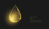 Abstract falling golden oil drop. Modern 3d graphic concept. Geometric background. Wireframe light connection structure. Isolated vector illustration. Low poly style design.