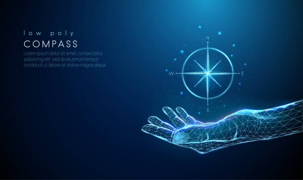Abstract low poly giving hand with compass Abstract giving hand with compass. Low poly style design. Hello winter concept. Modern 3d graphic geometric background. Wireframe light connection structure. Isolated vector illustration. navigational compass stock illustrations