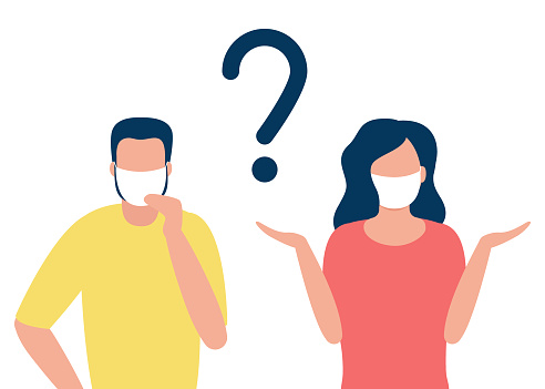 Abstract man and woman in respiratory masks with question mark. Protection against disease. Prevention of disease. Vector illustration