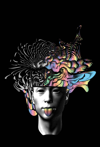 Abstract man stick out tongue with colorful brain splash out on dark BG Abstract engraved vintage drawing of human head stick out tongue with colorful rainbow brain splash explode outside vector illustration isolated on black background albert einstein stock illustrations