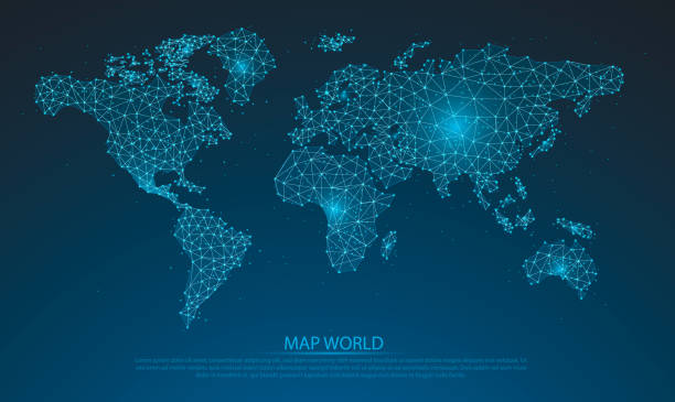 Abstract mash line and point scales on Blue dark background with map of the world. glowing blue 3D mesh polygonal network line, design sphere, dot, and structure. Vector illustration eps 10. vector art illustration