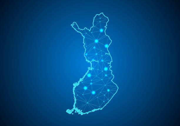 추상 매 시 라인과 포인트 가늠 자 핀란드의 지도와 어두운 배경에. 와이어 프레임 3d 메쉬 다각형 네트워크 라인, 디자인 영역, 점 및 구조. 핀란드의 통신 지도입니다. 벡터입니다. - finland stock illustrations
