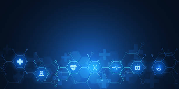 Abstract medical background with flat icons and symbols. Template design with concept and idea for healthcare technology, innovation medicine, health, science and research. Abstract medical background with flat icons and symbols. Template design with concept and idea for healthcare technology, innovation medicine, health, science and research laboratory patterns stock illustrations
