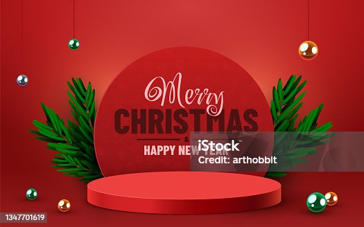 istock Abstract minimal mock up scene. Podium for product presentation. Stage pedestal or platform. Winter Christmas red background. 1347701619