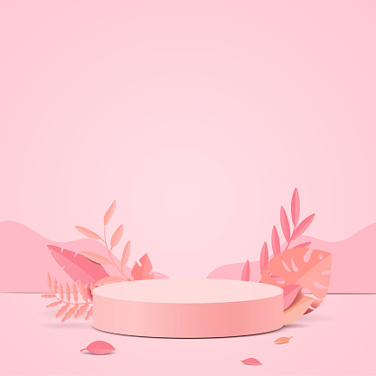 Abstract minimal scene with geometric forms. cylinder podium in pink background with pink plant leaves.