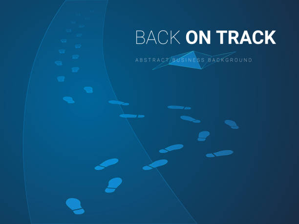 Abstract modern business background vector depicting getting back on track in shape of footsteps finding its way back on a pathway on blue background. Abstract modern business background vector depicting getting back on track in shape of footsteps finding its way back on a pathway on blue background. back stock illustrations