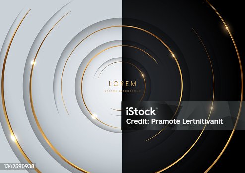 istock Abstract modern circles layers on black and white background with gold glowing and lighting luxury style. 1342590938