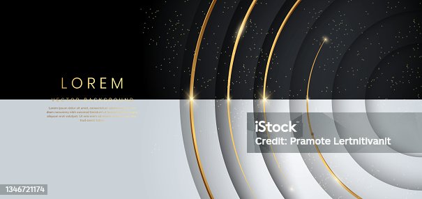 istock Abstract modern circles layers on black and white background with gold glowing and lighting luxury style. 1346721174