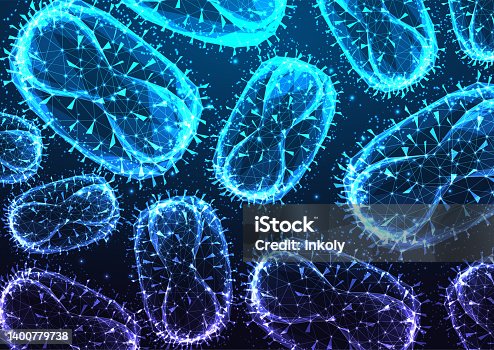 istock Abstract monkey pox virus microscopic view banner concept in glowing low polygonal style on blue 1400779738