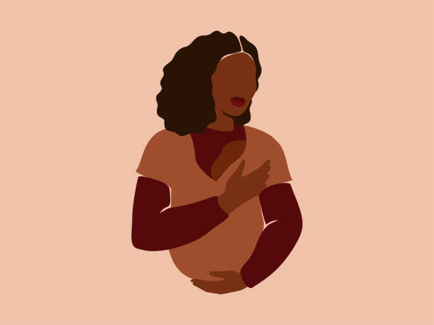 Abstract mother holds her Newborn Baby in Sling with love and care. African American woman and her infant child together. Happy Mother's Day concept.  african american mothers day stock illustrations