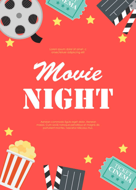 Abstract Movie Night Cinema Flat Background with Reel, Old Style Ticket, Big Pop Corn and Clapper Symbol Icons. Vector Illustration Abstract Movie Night Cinema Flat Background with Reel, Old Style Ticket, Big Pop Corn and Clapper Symbol Icons. Vector Illustration EPS10 movie stock illustrations