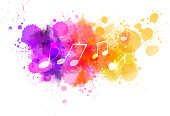 Music notes on colorful abstract watercolored background. eps10 - contains transparencies.