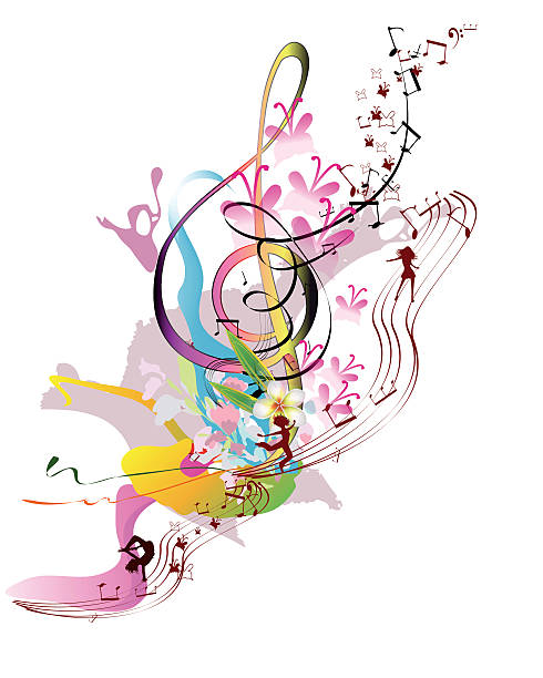 Abstract music. Abstract watercolor treble clef with splashes, flowers and dancing people. Vector illustration. dancing borders stock illustrations