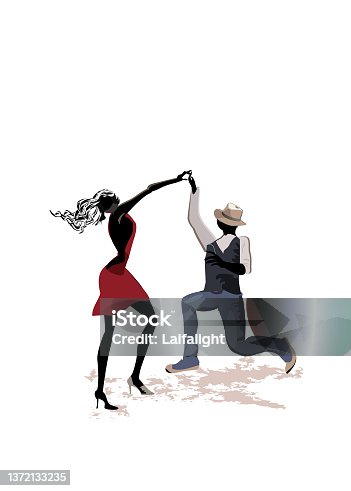 istock Abstract musical design with dancers, treble clef and musical waves, piano notes. 1372133235